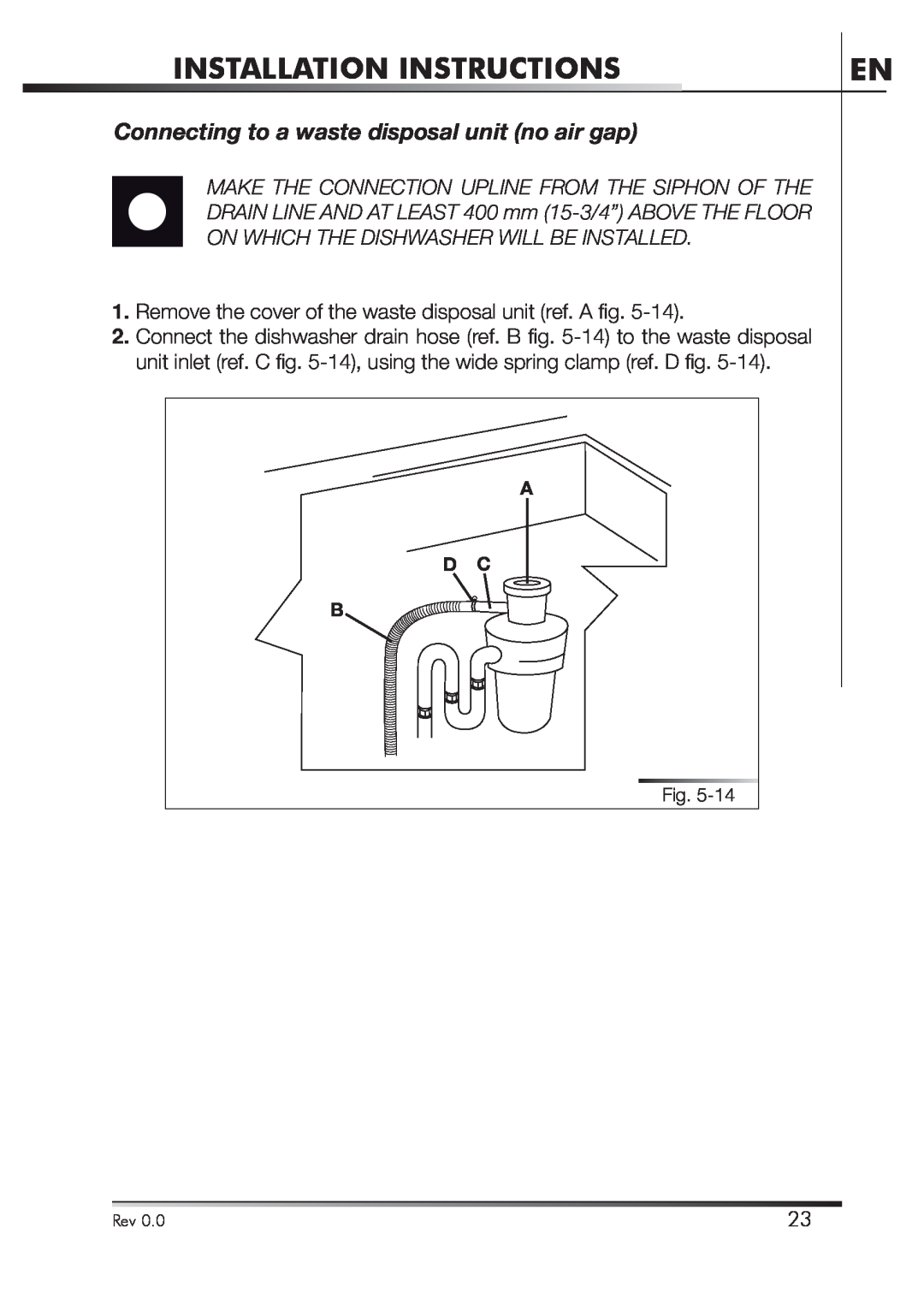 Smeg STA4645U manual Connecting to a waste disposal unit no air gap, Installation Instructions, A D C B 