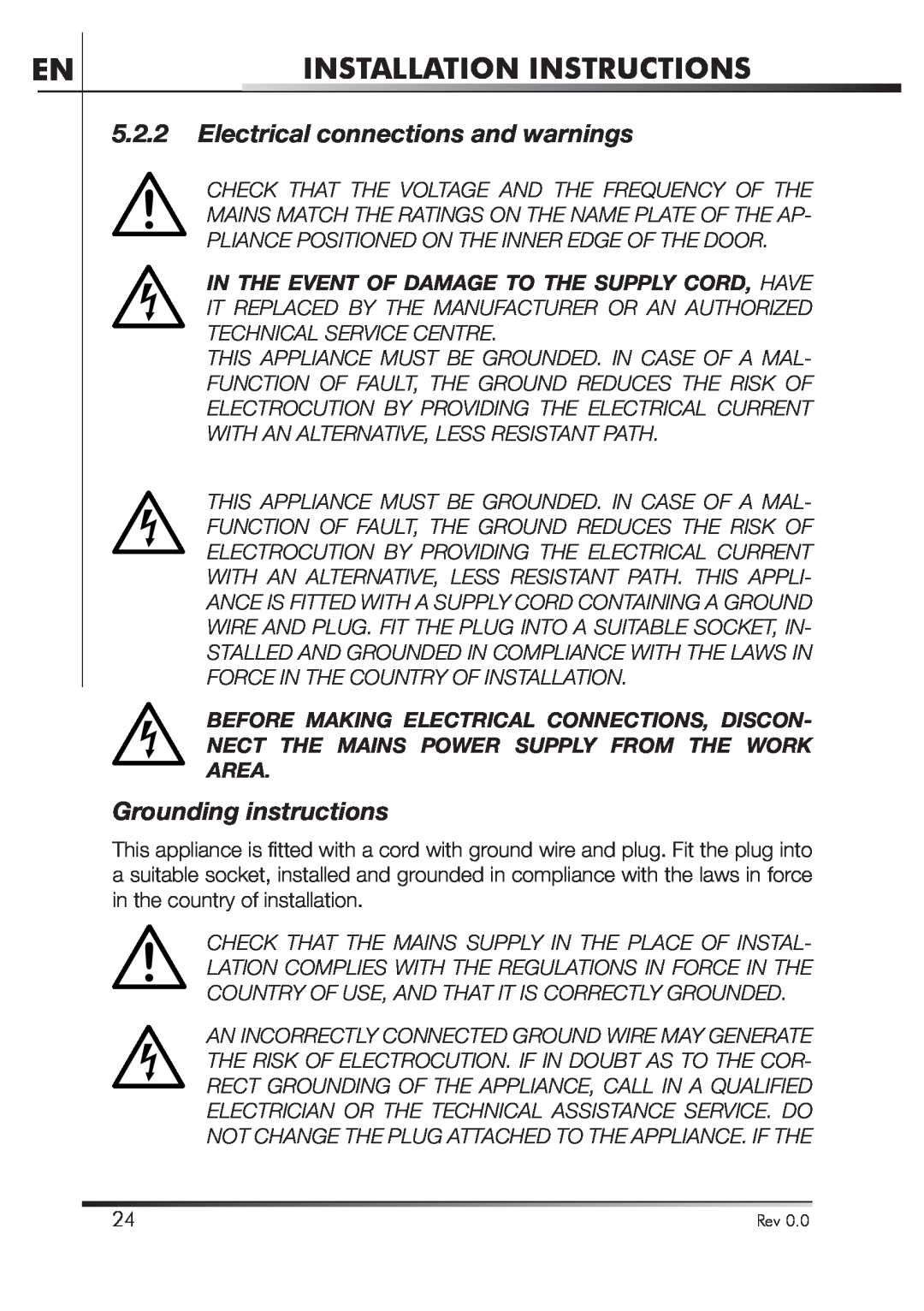 Smeg STA4645U manual Electrical connections and warnings, Grounding instructions, Installation Instructions 
