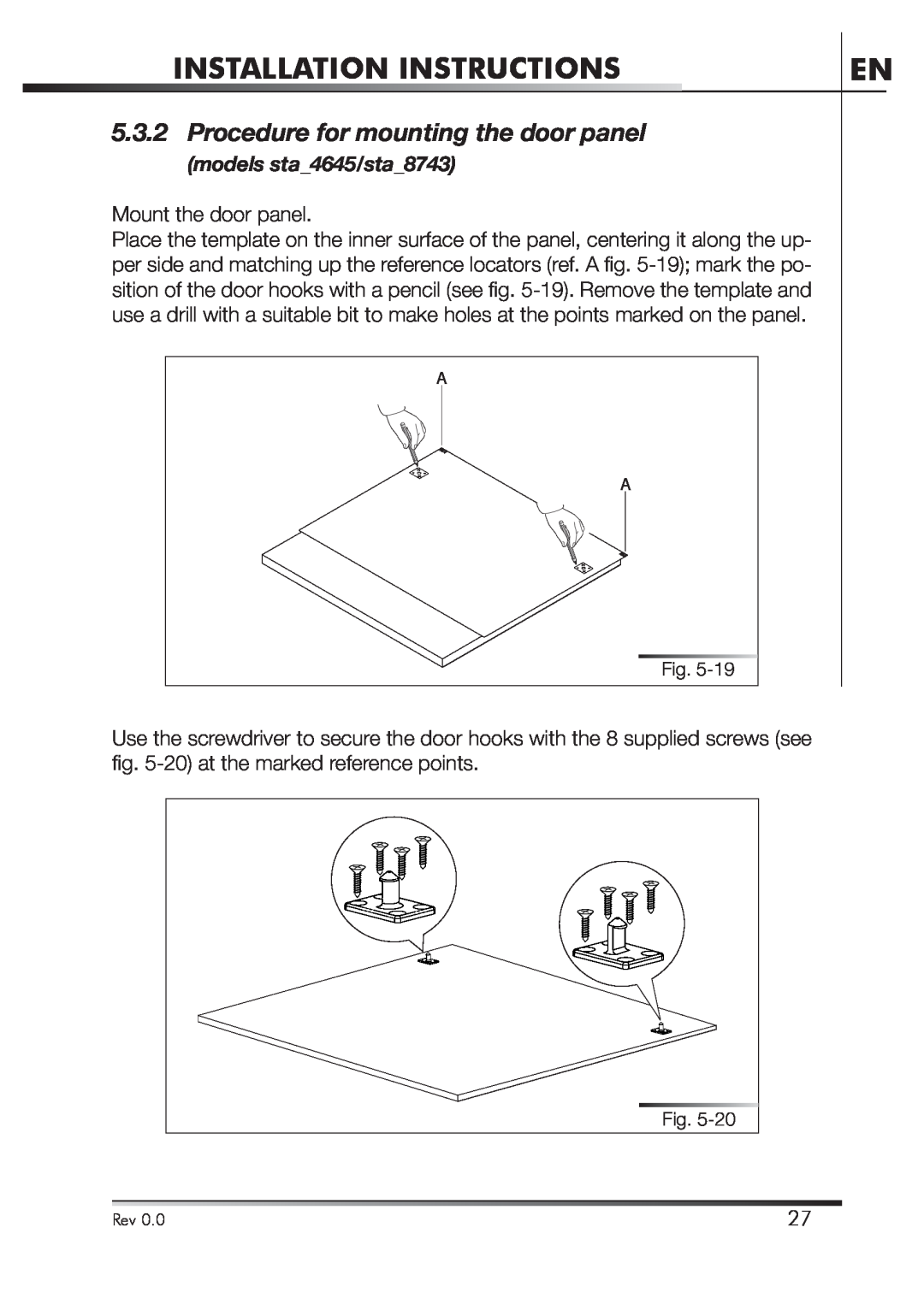 Smeg STA4645U manual Procedure for mounting the door panel, Installation Instructions, Mount the door panel 