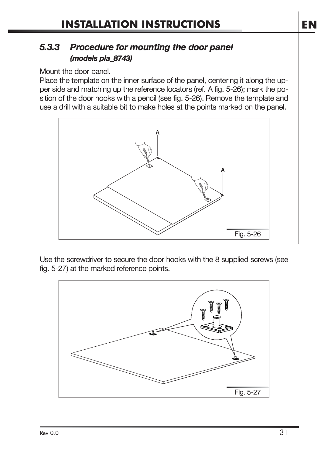 Smeg STA4645U manual Procedure for mounting the door panel, Installation Instructions, models pla8743 