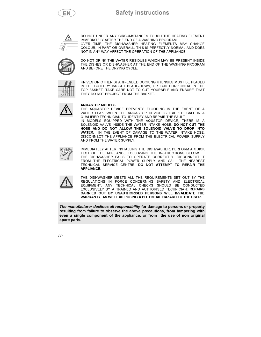 Smeg STA6045BE, STA6047, STA6145 instruction manual Aquastop Models 