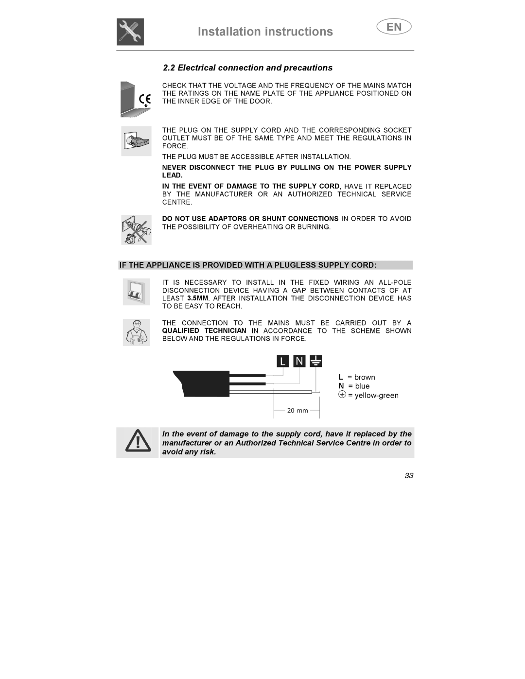 Smeg STA6145, STA6045B Electrical connection and precautions, If the Appliance is Provided with a Plugless Supply Cord 