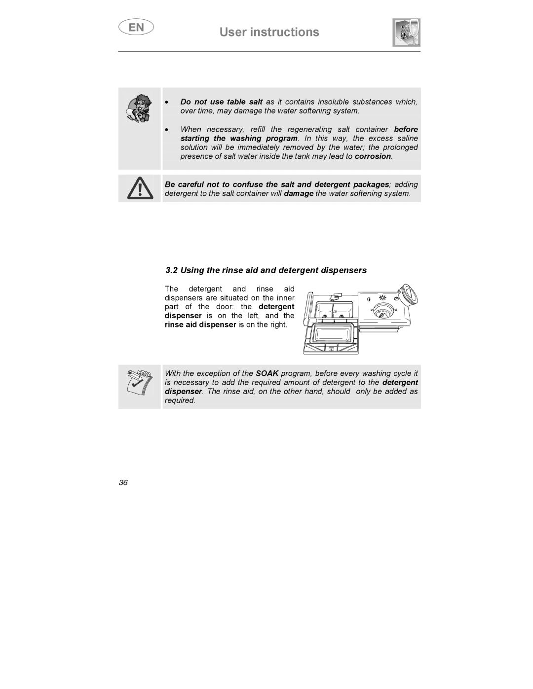 Smeg STA6047, STA6045BE, STA6145 instruction manual Using the rinse aid and detergent dispensers 