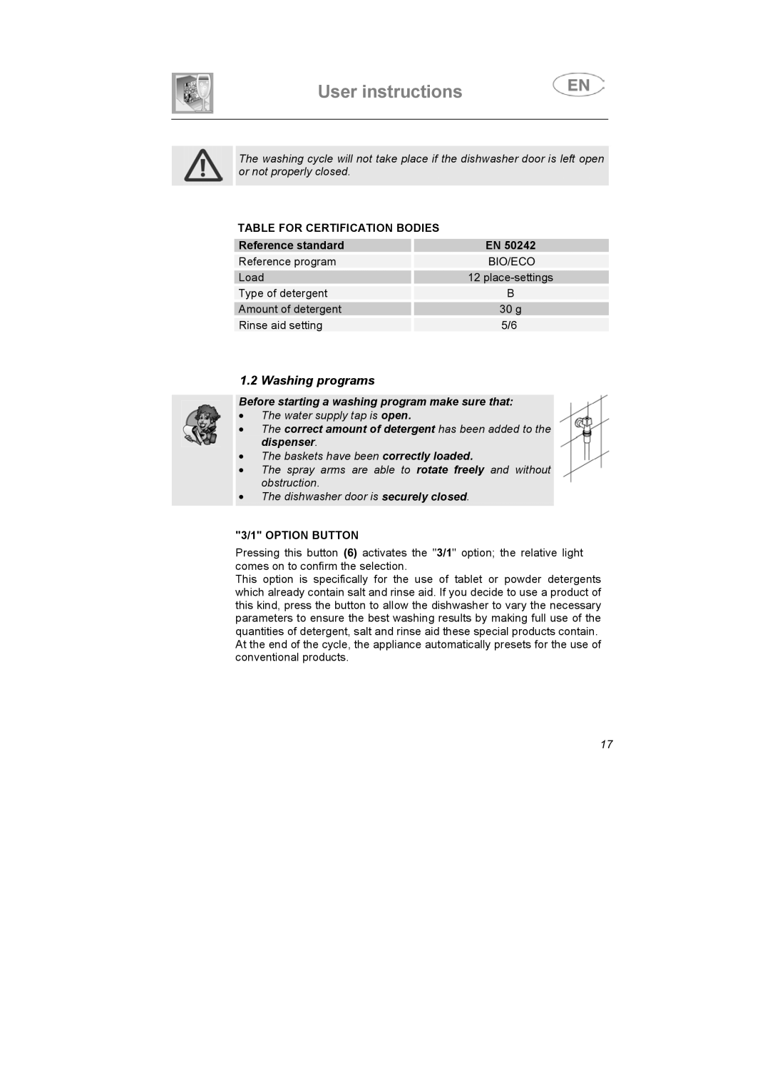 Smeg STA6047, STA6045BE, STA6145 instruction manual Washing programs, Table for Certification Bodies, Option Button 