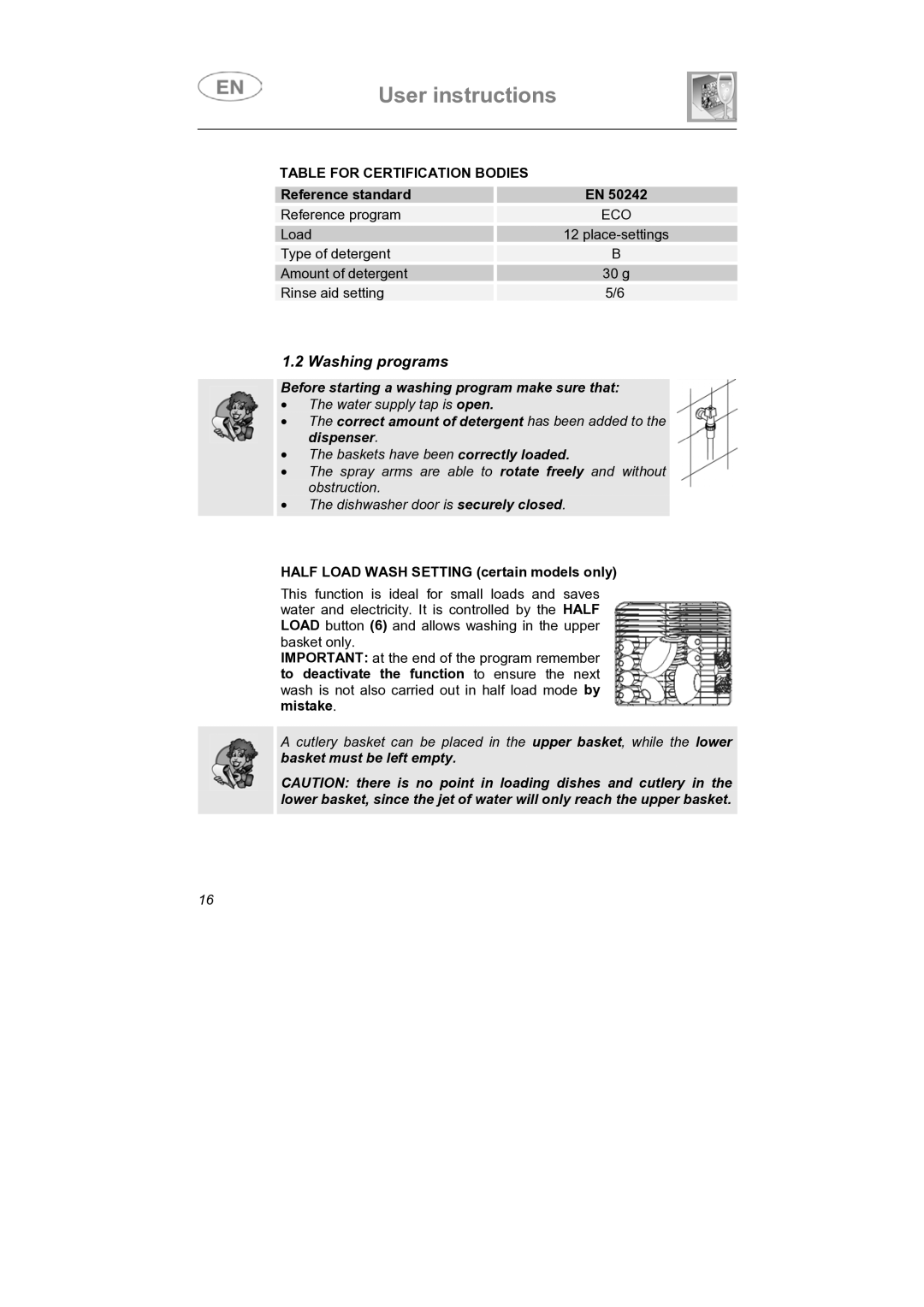 Smeg STA613 instruction manual Washing programs, Table for Certification Bodies 