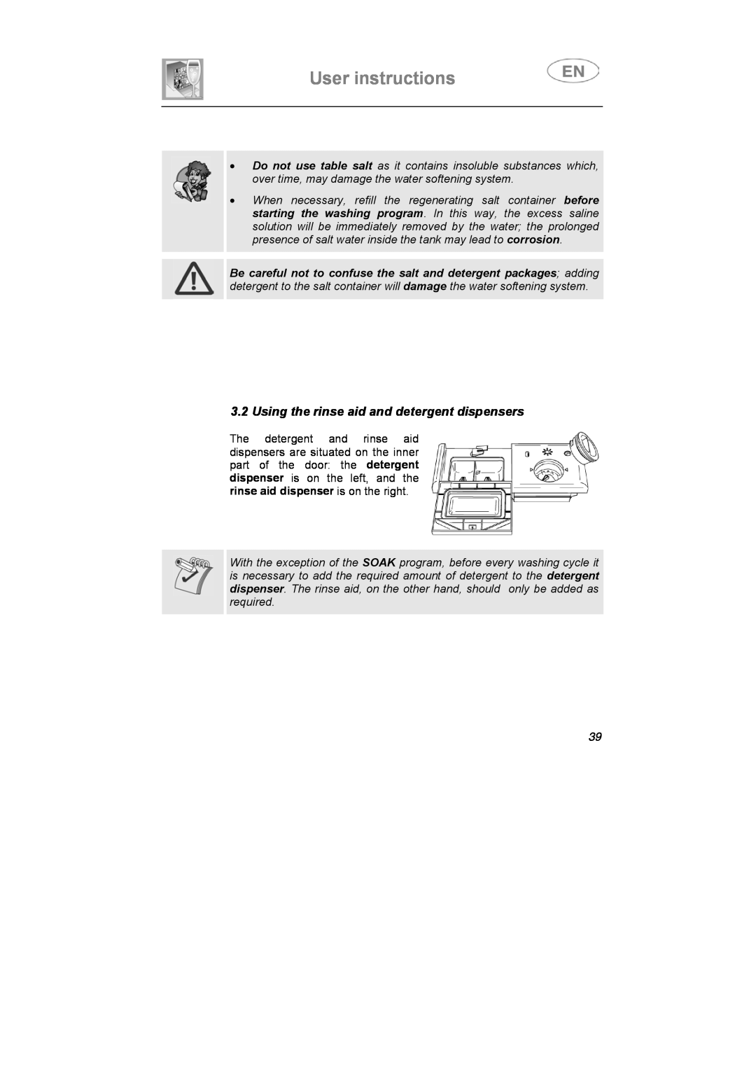 Smeg STA613 instruction manual User instructions, Using the rinse aid and detergent dispensers 