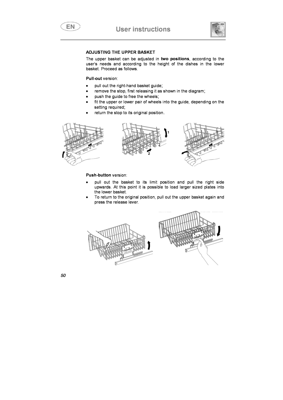 Smeg STA613 instruction manual User instructions, Adjusting The Upper Basket, Pull-out version, Push-button version 