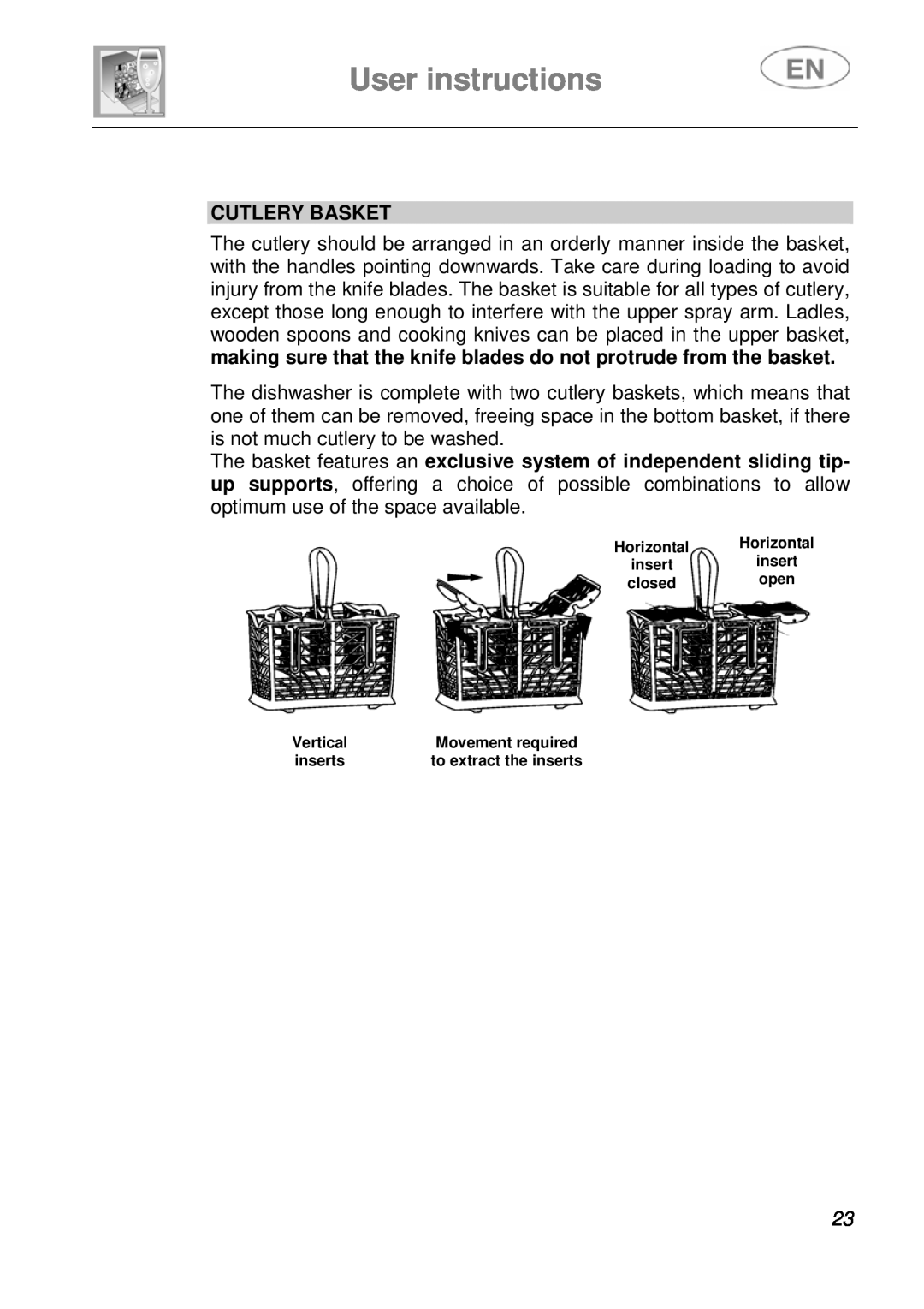 Smeg STA6245, STA6246 instruction manual User instructions, Cutlery Basket, closed, Vertical, inserts 