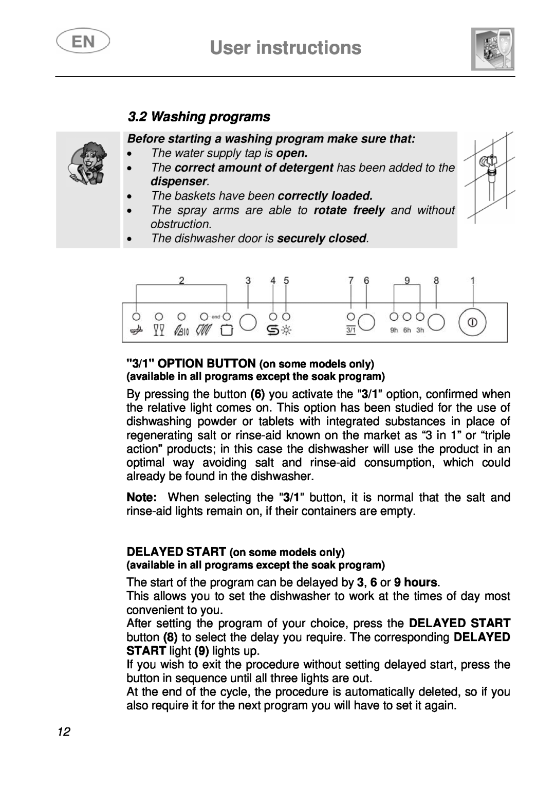 Smeg STA6249, STA6248 User instructions, Washing programs, Before starting a washing program make sure that 