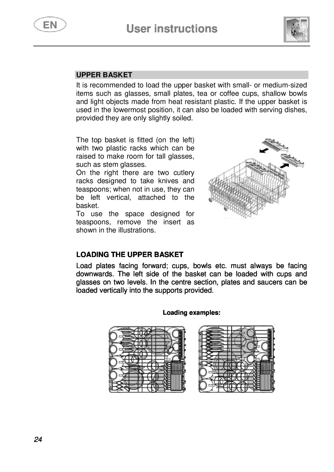 Smeg STA6249, STA6248 instruction manual User instructions, Loading The Upper Basket 