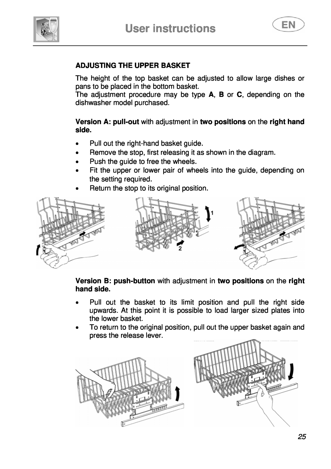 Smeg STA6248, STA6249 instruction manual User instructions, Adjusting The Upper Basket 