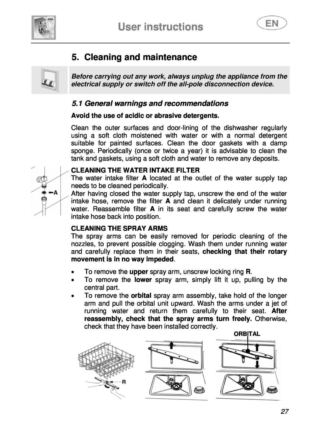 Smeg STA6248 Cleaning and maintenance, User instructions, General warnings and recommendations, Cleaning The Spray Arms 