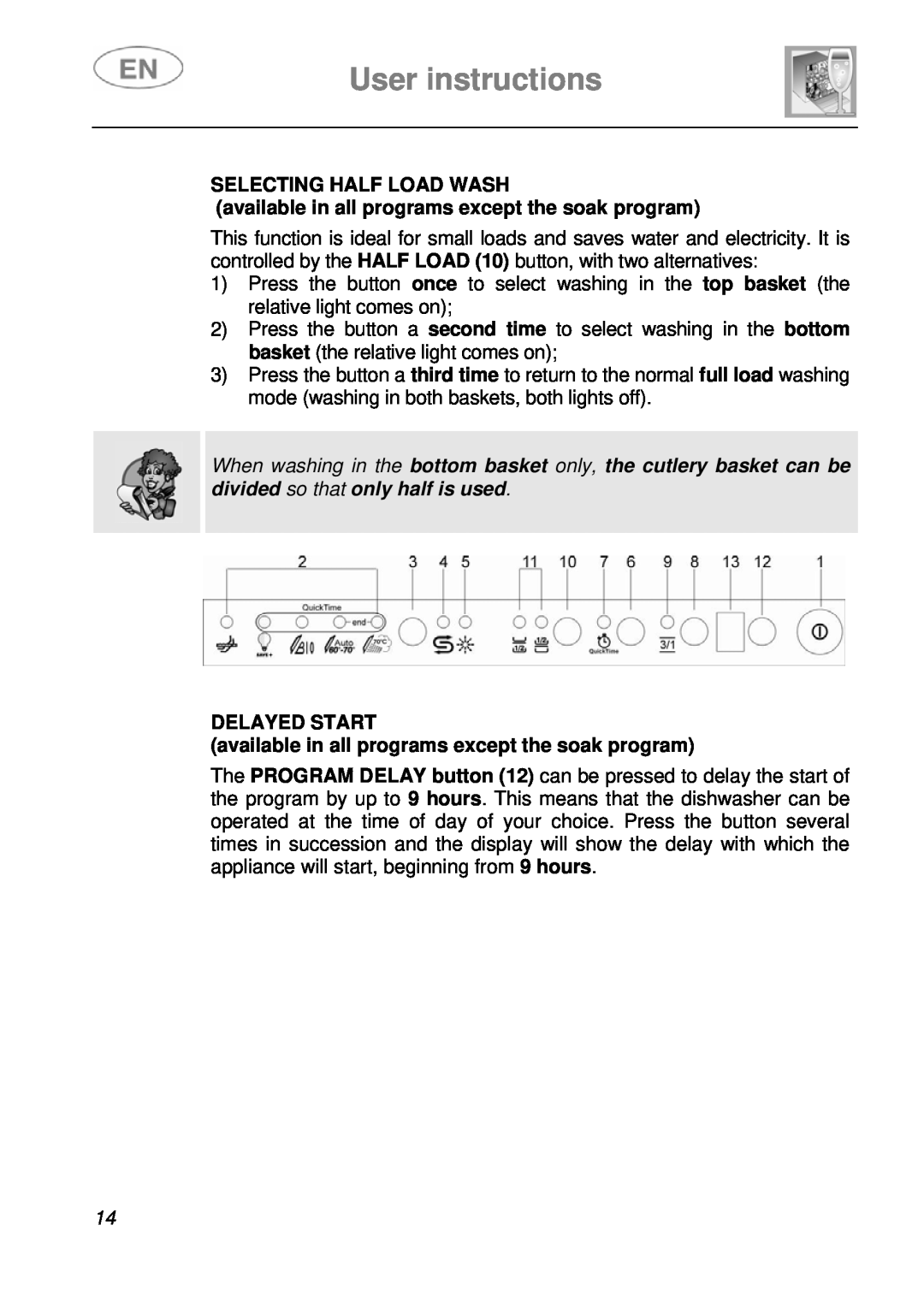 Smeg STA643PQ manual User instructions, Selecting Half Load Wash, available in all programs except the soak program 