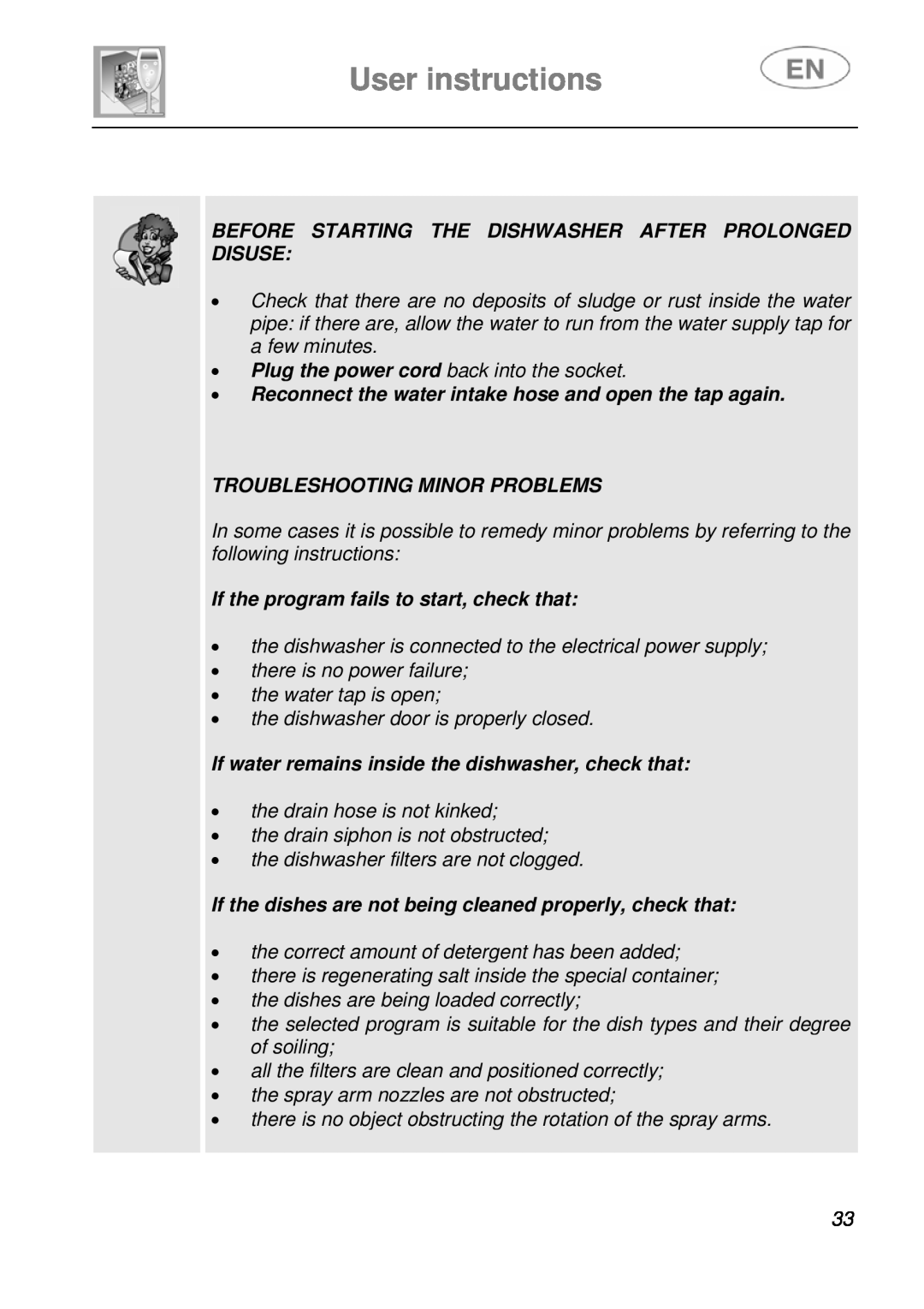 Smeg STA643PQ User instructions, Before Starting The Dishwasher After Prolonged Disuse, Troubleshooting Minor Problems 