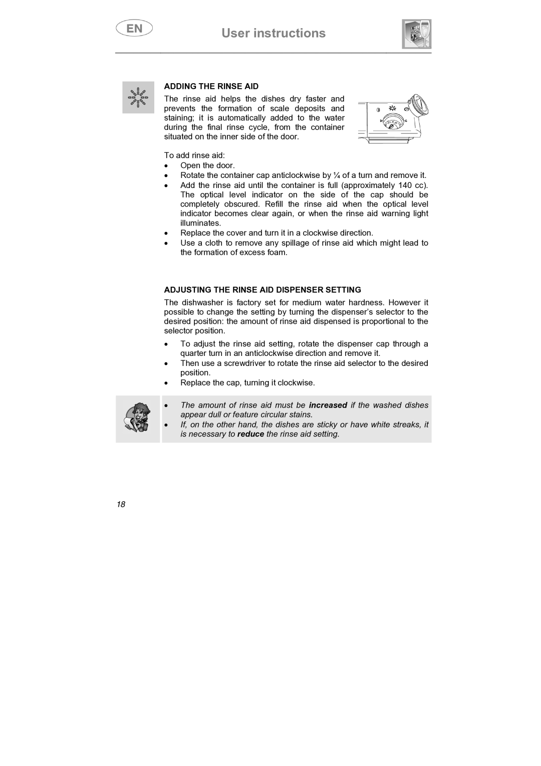 Smeg STA645Q manual Adding the Rinse AID, Adjusting the Rinse AID Dispenser Setting 