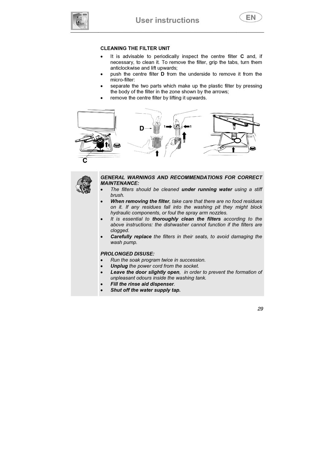 Smeg STA645Q manual Cleaning the Filter Unit, Prolonged Disuse 