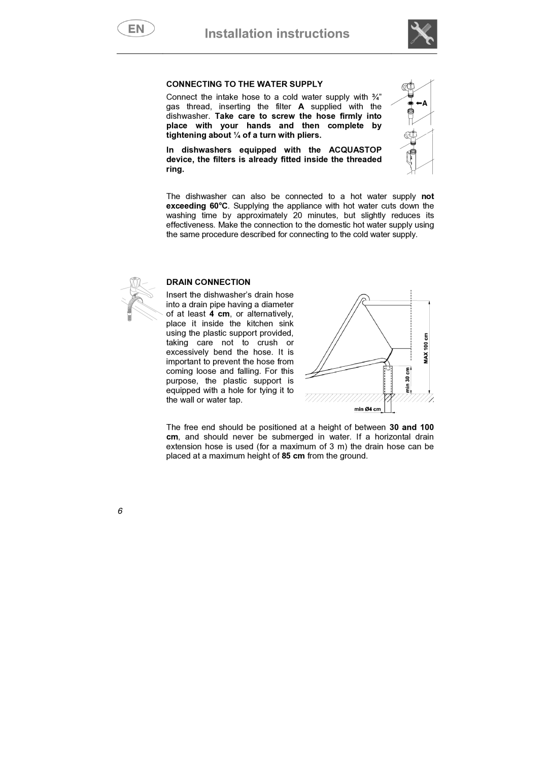 Smeg STA645Q manual Connecting to the Water Supply, Drain Connection 