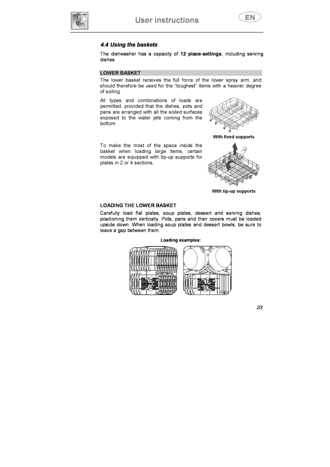 Smeg STA645Q manual User instructions, Using the baskets, Loading The Lower Basket 