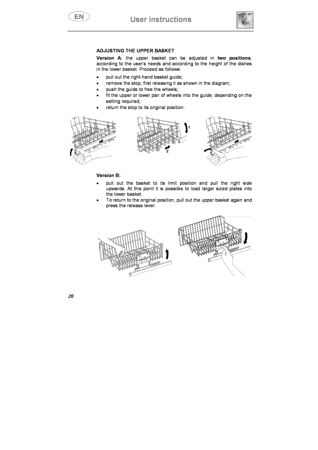Smeg STA645Q manual User instructions, Adjusting The Upper Basket, Version B 