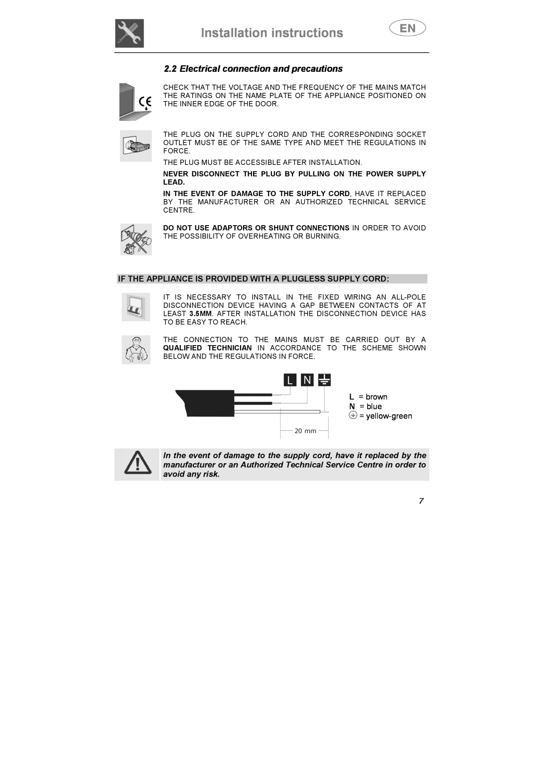 Smeg STA645Q manual Installation instructions, Electrical connection and precautions 