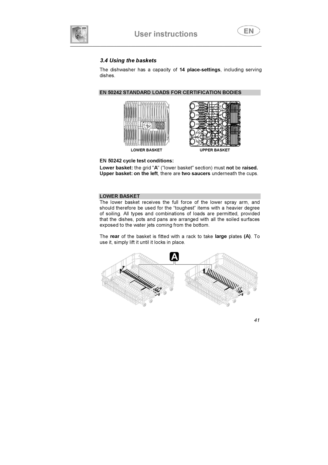 Smeg STX1-7, STX1-5 manual Using the baskets, EN 50242 Standard Loads for Certification Bodies, Lower Basket 