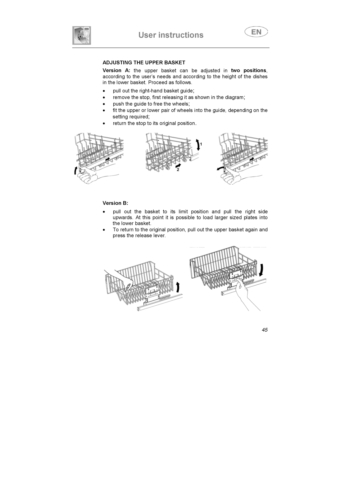 Smeg STX1-7, STX1-5 manual Adjusting the Upper Basket, Version B 