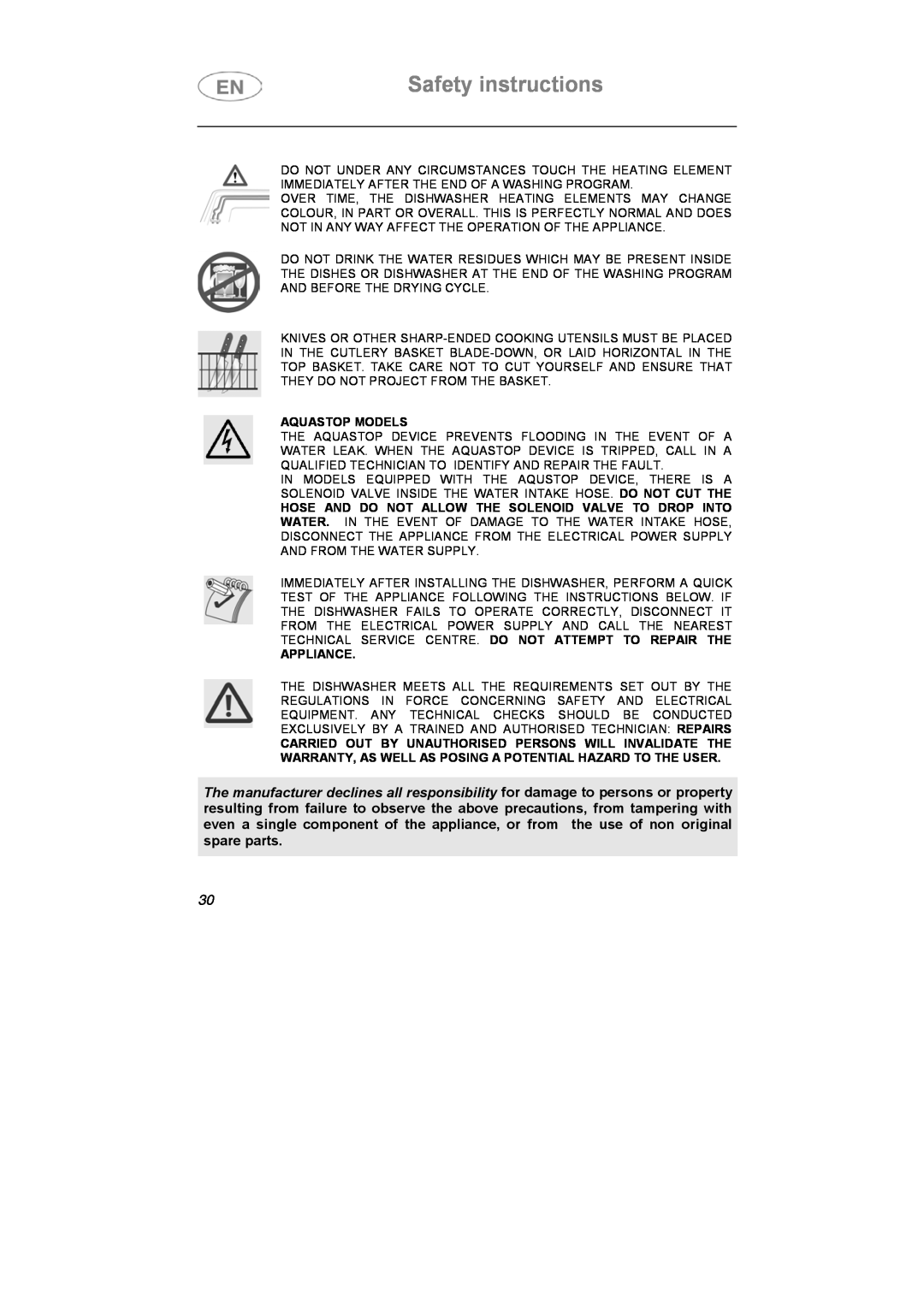 Smeg STX1-5, STX1-7 manual Safety instructions, Aquastop Models, Appliance 