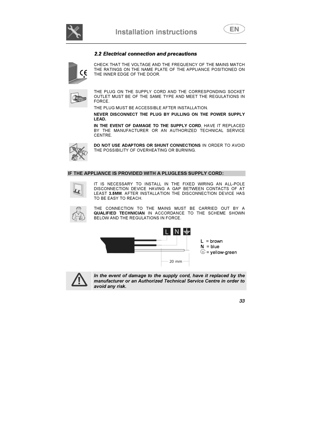 Smeg STX1-7, STX1-5 manual Installation instructions, Electrical connection and precautions 
