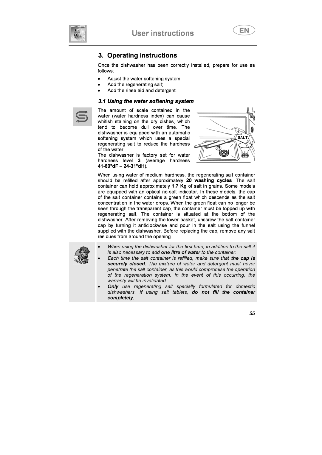 Smeg STX1-7, STX1-5 manual Operating instructions, User instructions, Using the water softening system 