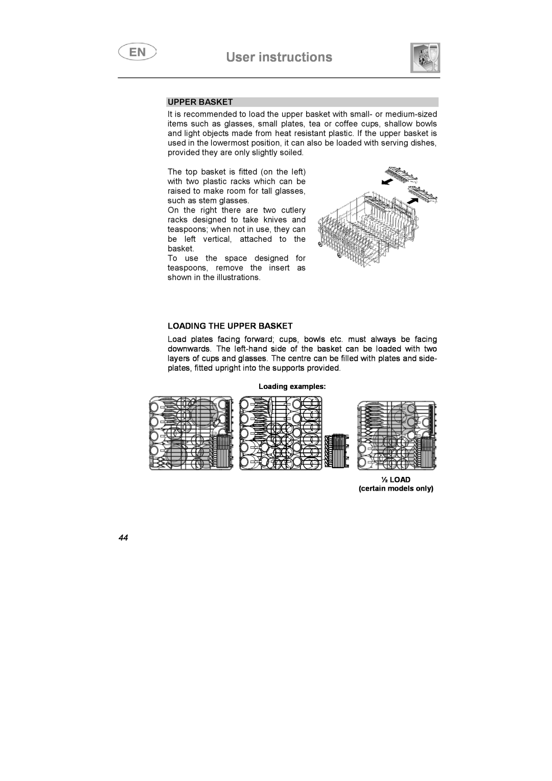 Smeg STX1-5, STX1-7 manual User instructions, Loading The Upper Basket 