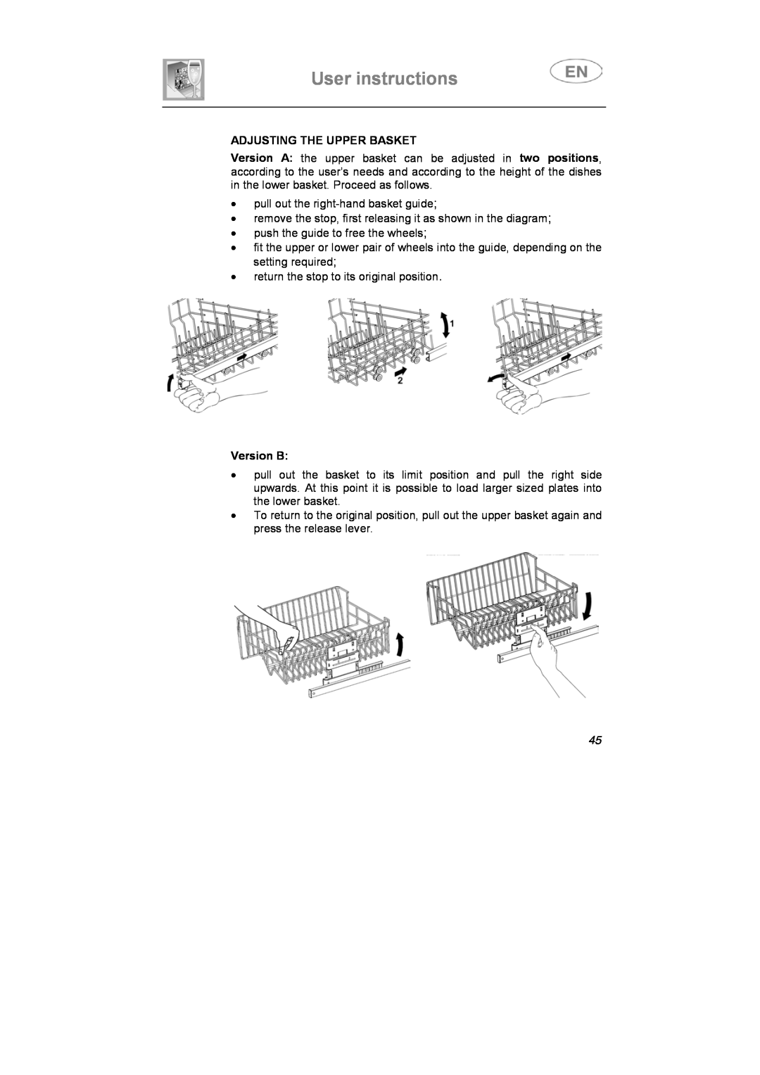 Smeg STX1-7, STX1-5 manual User instructions, Adjusting The Upper Basket, Version B 