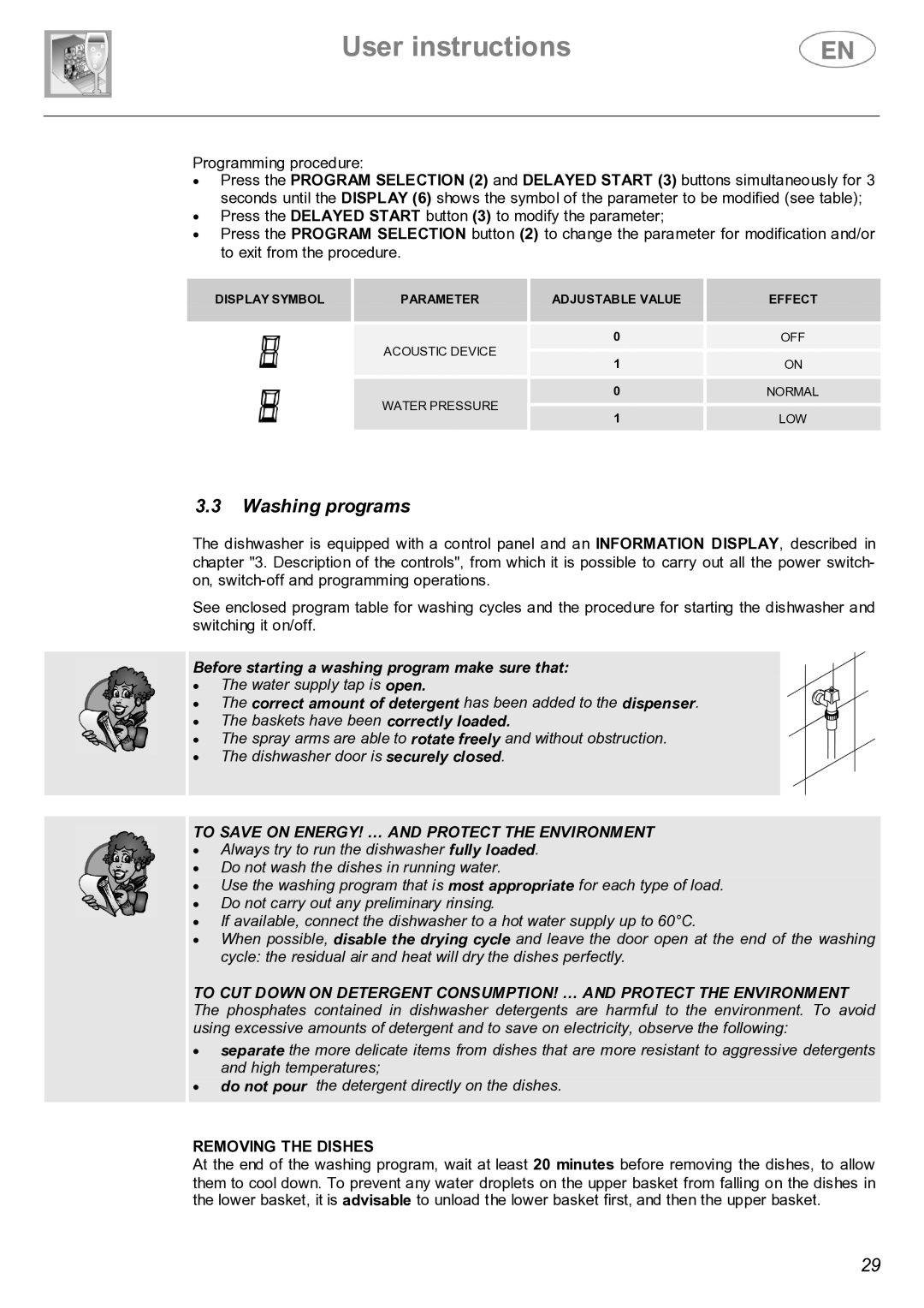 Smeg STX4-3 instruction manual Washing programs, Removing the Dishes 