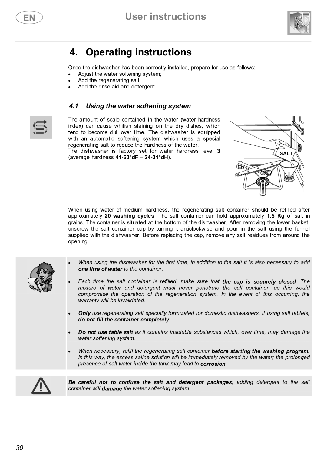 Smeg STX4-3 instruction manual Operating instructions, Using the water softening system 