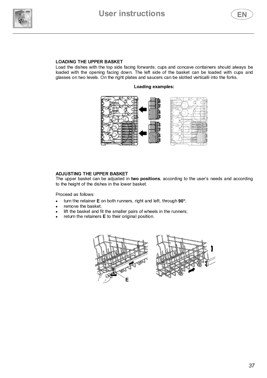 Smeg STX4-3 instruction manual Loading the Upper Basket, Adjusting the Upper Basket 