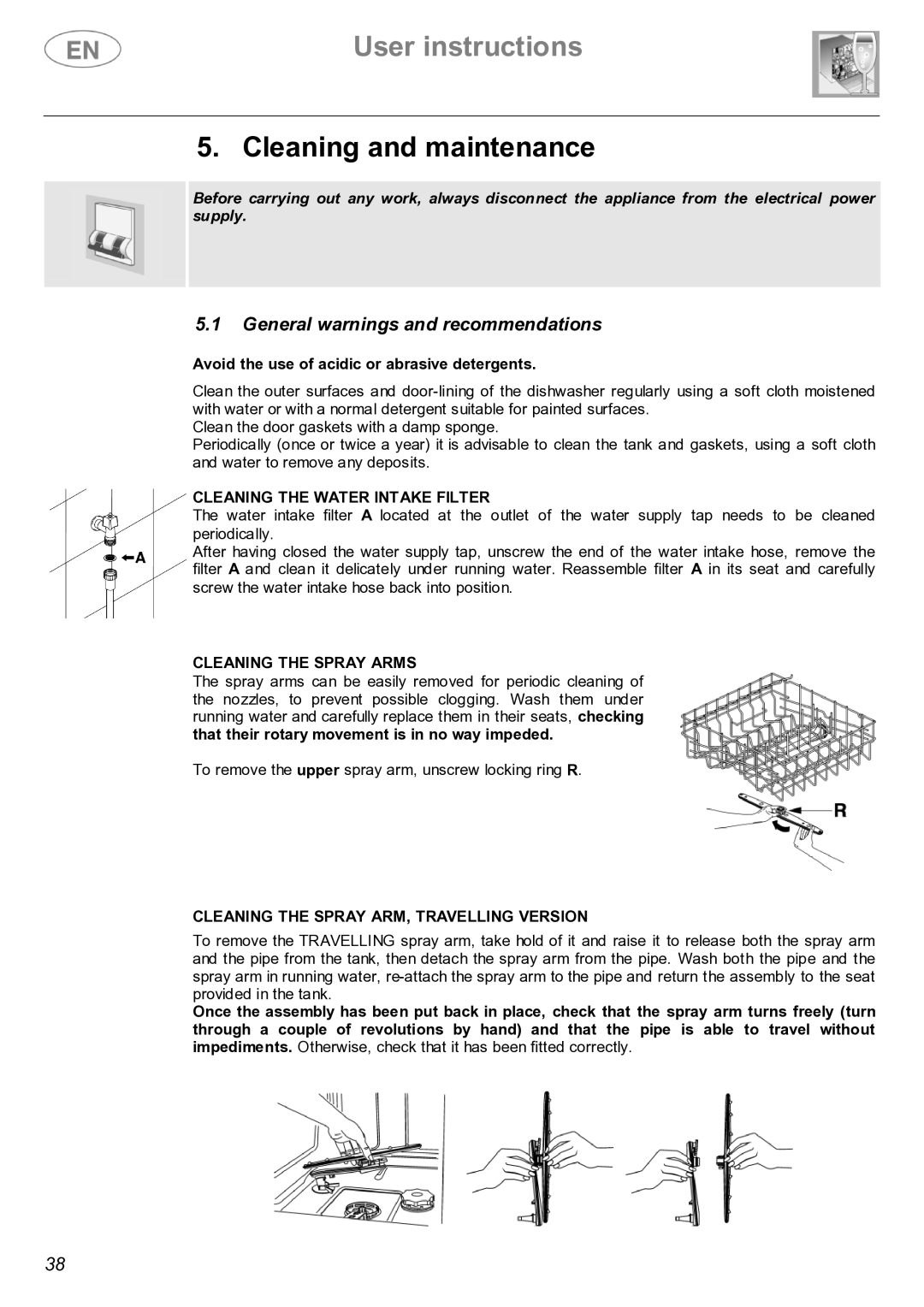 Smeg STX4-3 instruction manual Cleaning and maintenance, Cleaning the Water Intake Filter, Cleaning the Spray Arms 