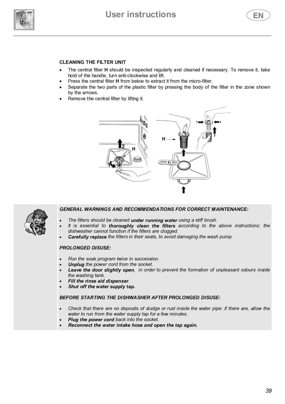 Smeg STX4-3 instruction manual Cleaning the Filter Unit, Prolonged Disuse 