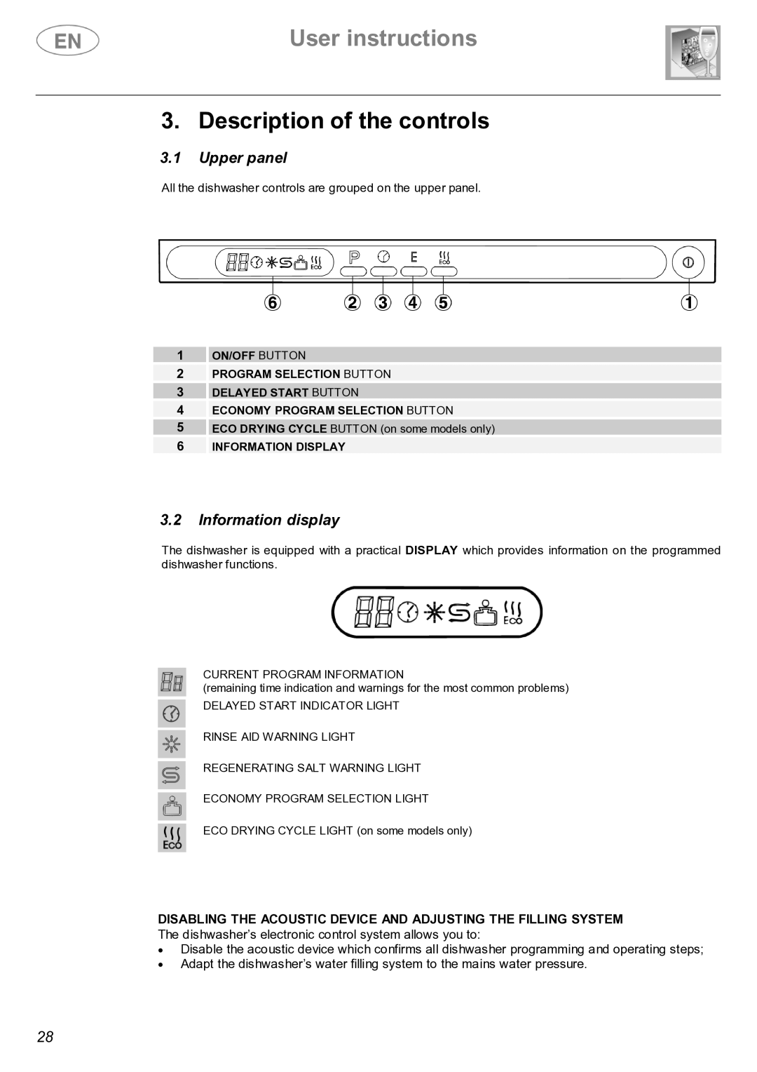 Smeg STX4-3 instruction manual Description of the controls, Upper panel, Information display 