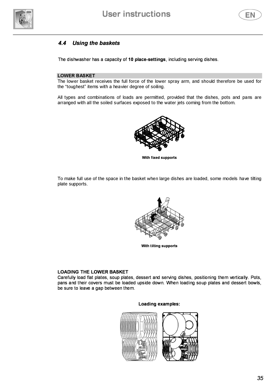 Smeg STX4-3 instruction manual User instructions, 4.4Using the baskets, Loading The Lower Basket, Loading examples 