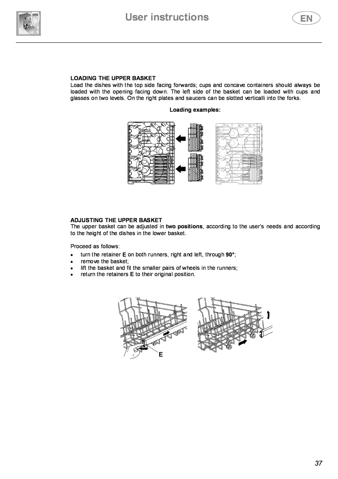 Smeg STX4-3 instruction manual User instructions, Loading The Upper Basket, Loading examples ADJUSTING THE UPPER BASKET 