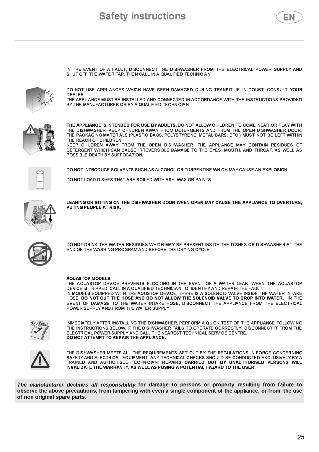 Smeg STX4-3 instruction manual Safety instructions, Aquastop Models, Do Not Attempt To Repair The Appliance 