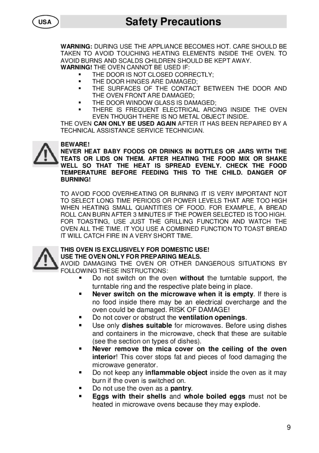 Smeg SU45 MCX manual Safety Precautions 