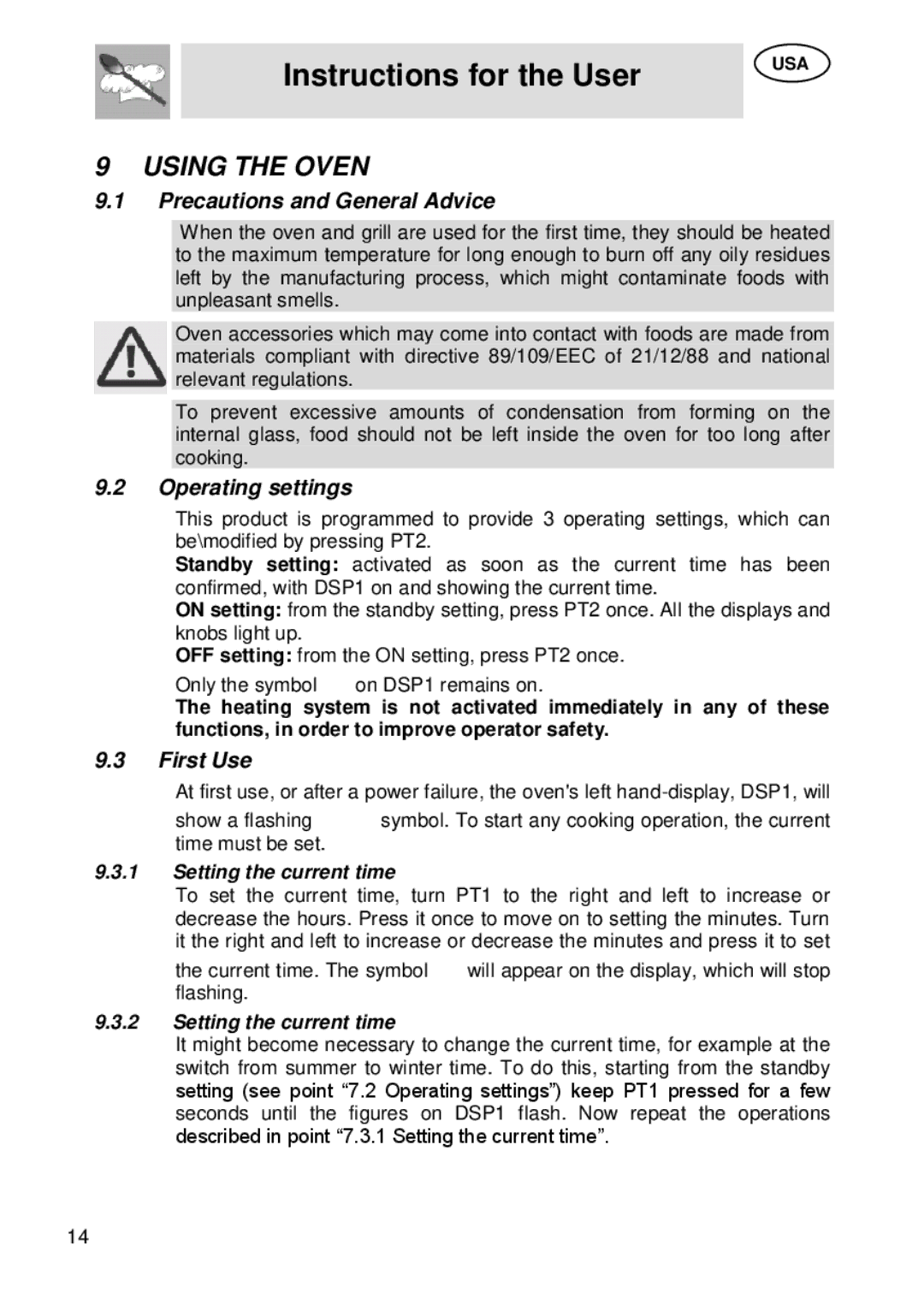 Smeg SU45 MCX Using the Oven, Precautions and General Advice, Operating settings, First Use, Setting the current time 