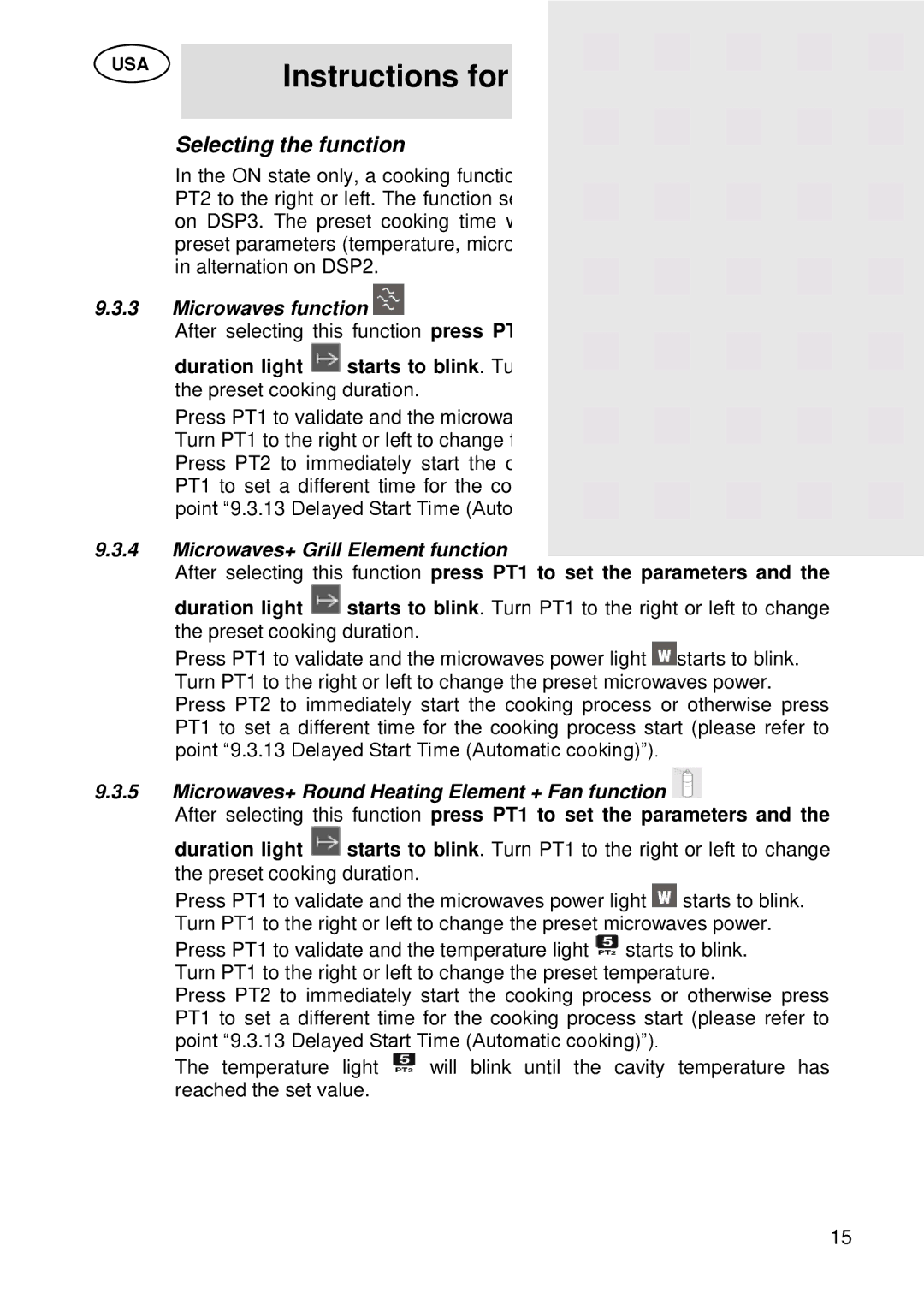 Smeg SU45 MCX manual Selecting the function, Microwaves function, Microwaves+ Grill Element function 