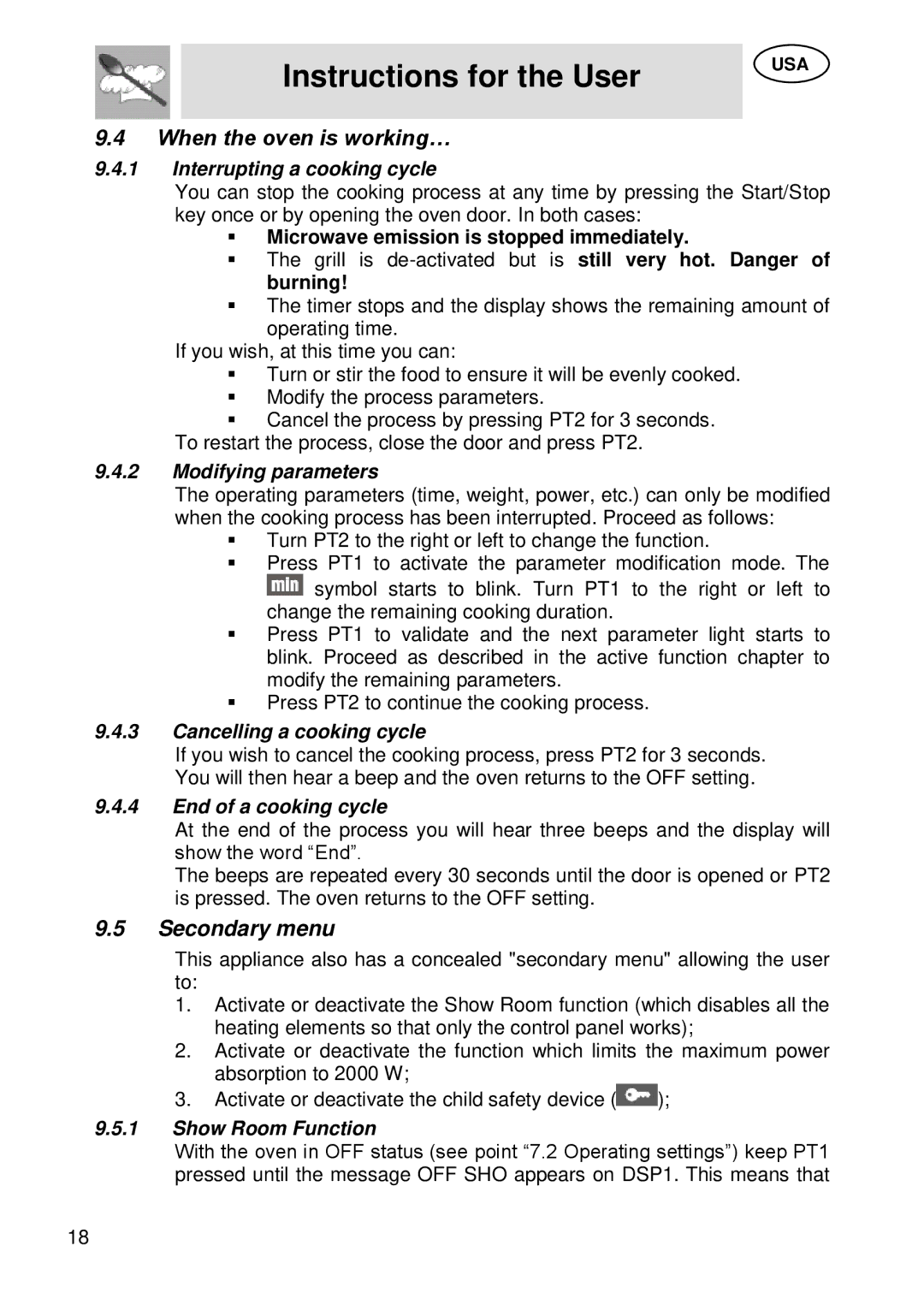 Smeg SU45 MCX manual When the oven is working…, Secondary menu 