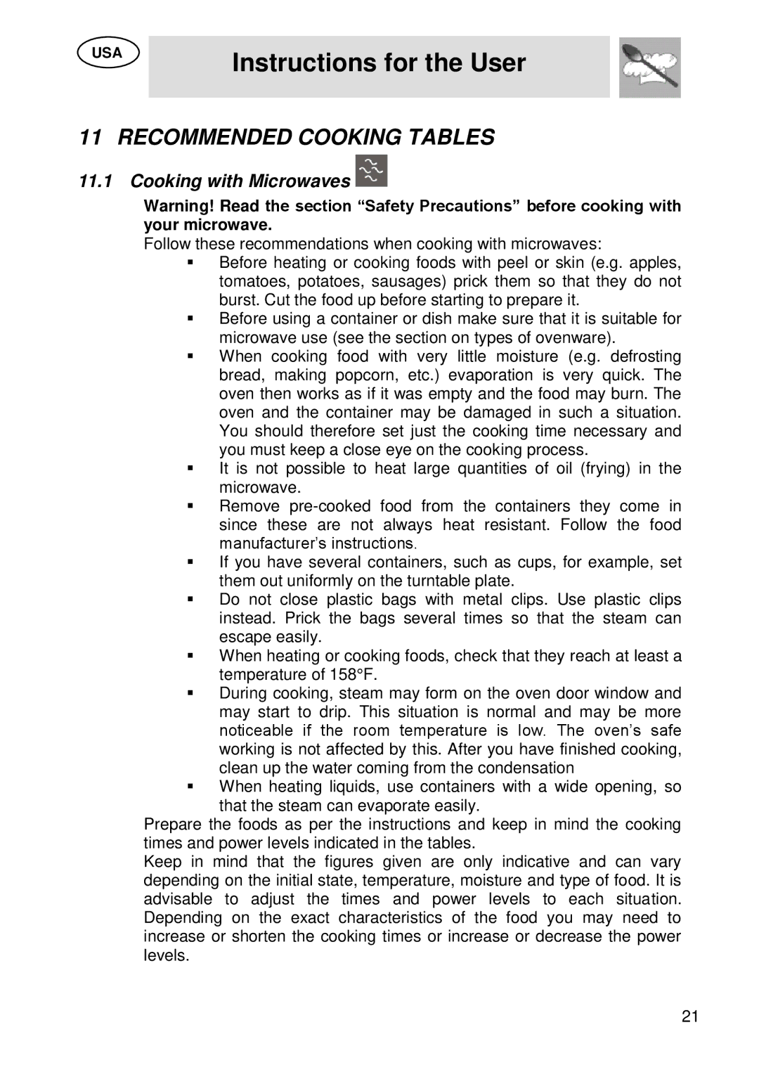 Smeg SU45 MCX manual Recommended Cooking Tables, Cooking with Microwaves 