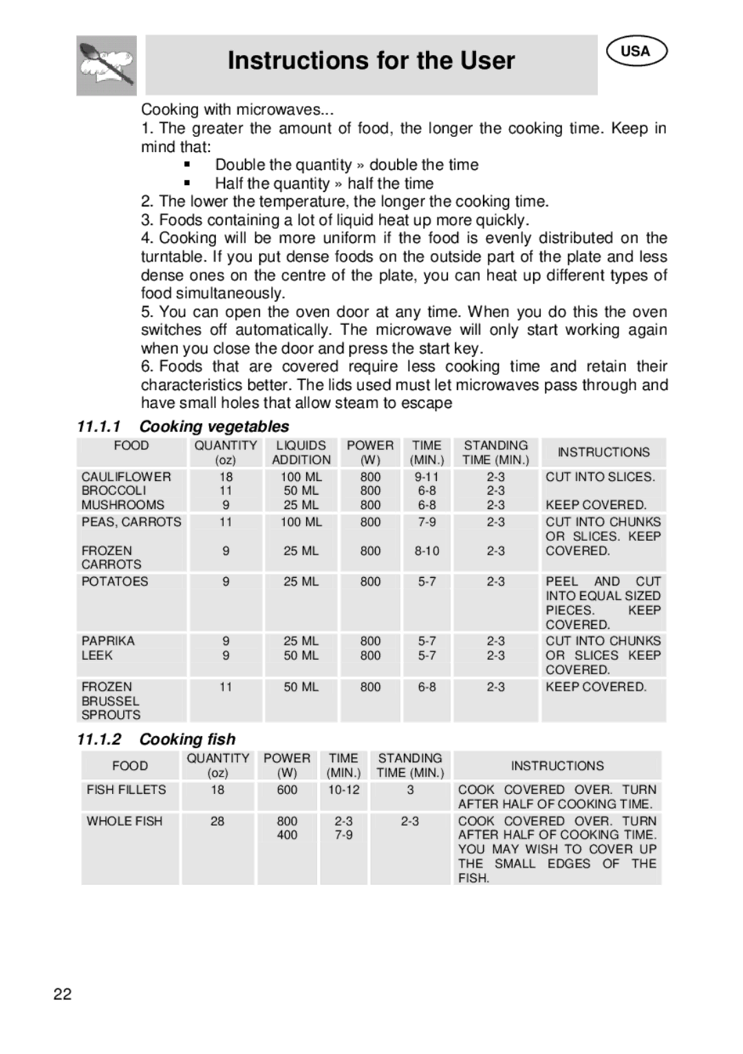 Smeg SU45 MCX manual Cooking vegetables, Cooking fish 