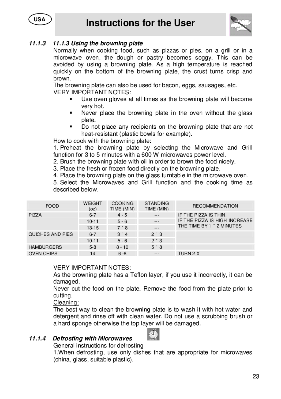 Smeg SU45 MCX manual 11.1.3 11.1.3 Using the browning plate, Very Important Notes 