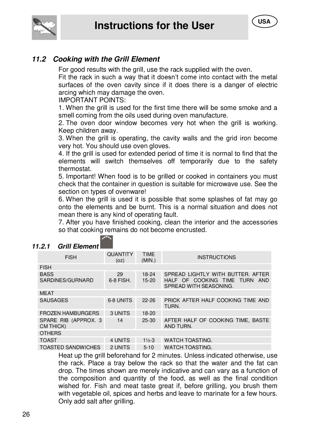 Smeg SU45 MCX manual Cooking with the Grill Element 