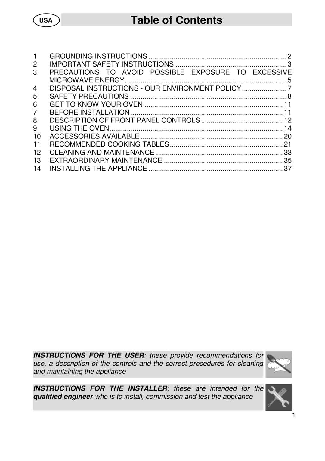 Smeg SU45 MCX manual Table of Contents 