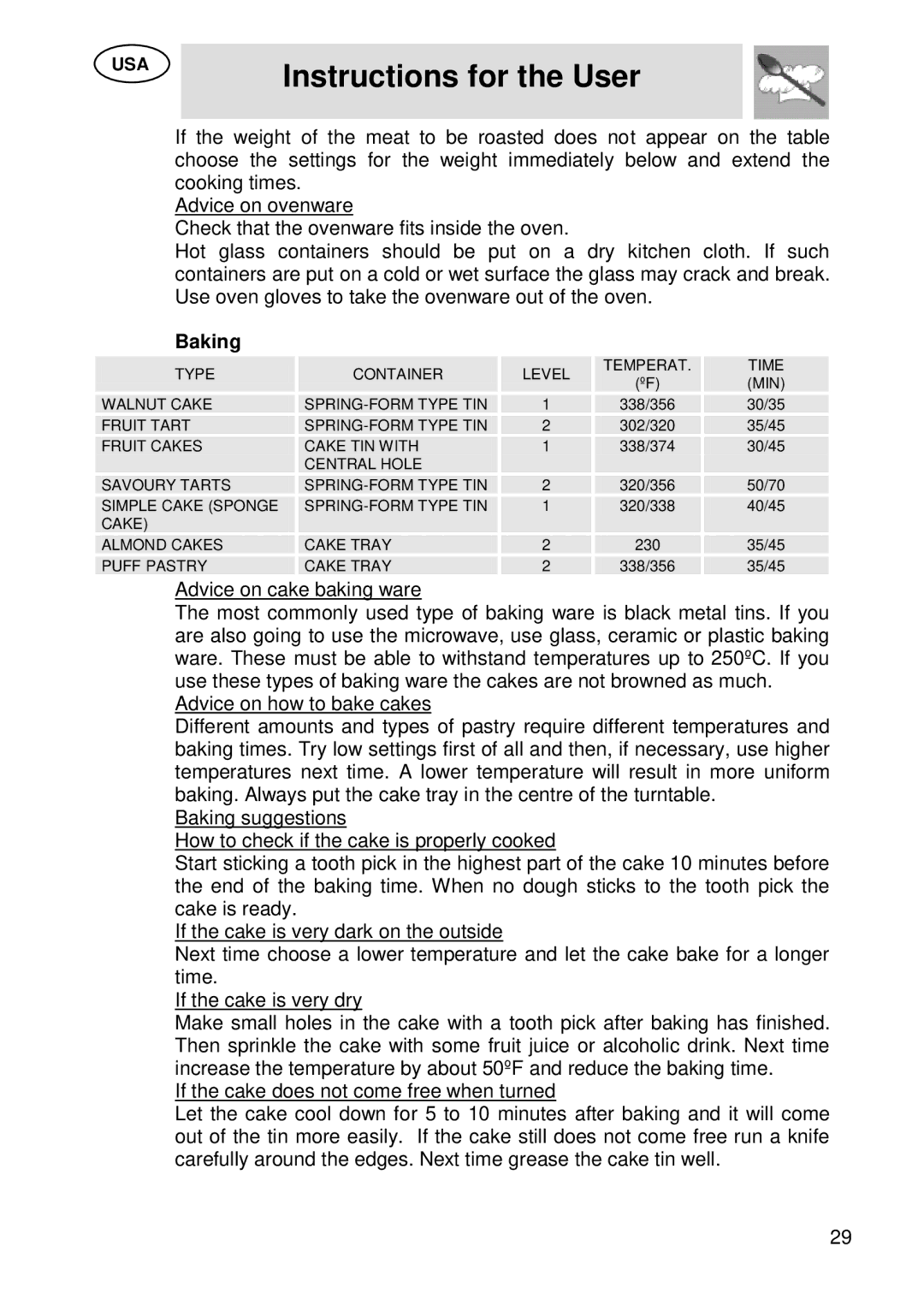 Smeg SU45 MCX manual Baking 